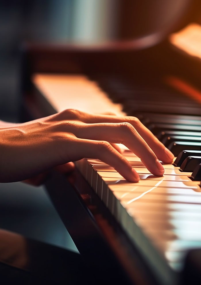 Mão sobre as teclas de um piano.